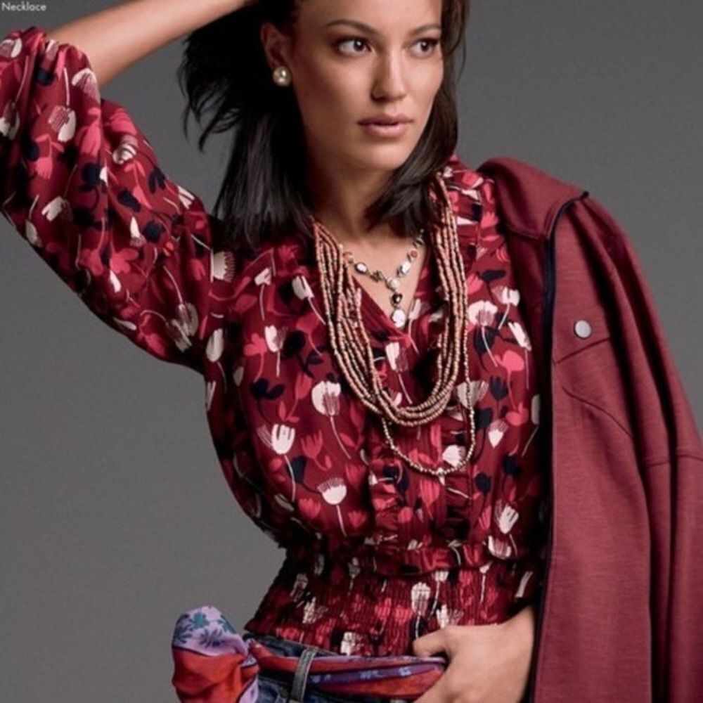 CAbi Corsage Burgundy Floral Blouse Ruffle Front Flowy Chiffon Top